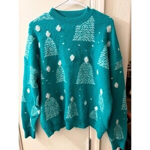Teal Green Christmas Tree & Snow Polka Dot Knit Sweater - Size XL